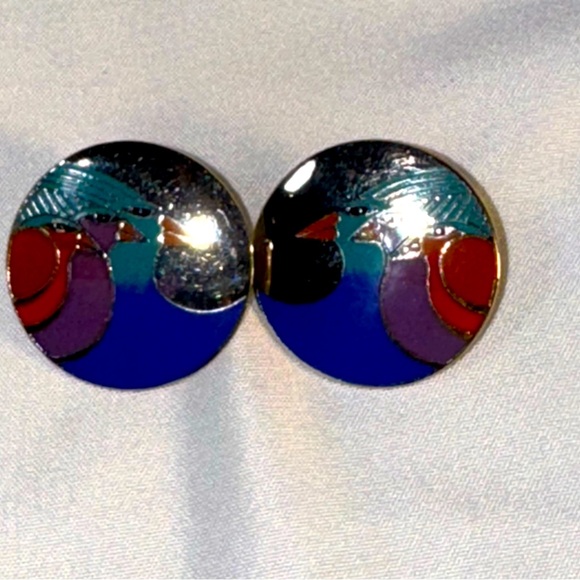 Laurel Burch Earrings CELESTIAL BIRDS Birds Circle Cloisonne Stud Post Vintage - Picture 1 of 7